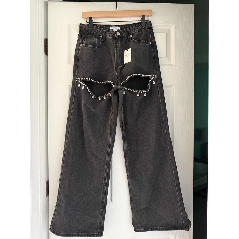 Forever 21 Jeweled Wide Leg Black Jeans NWT Grunge festival streetwear y2k